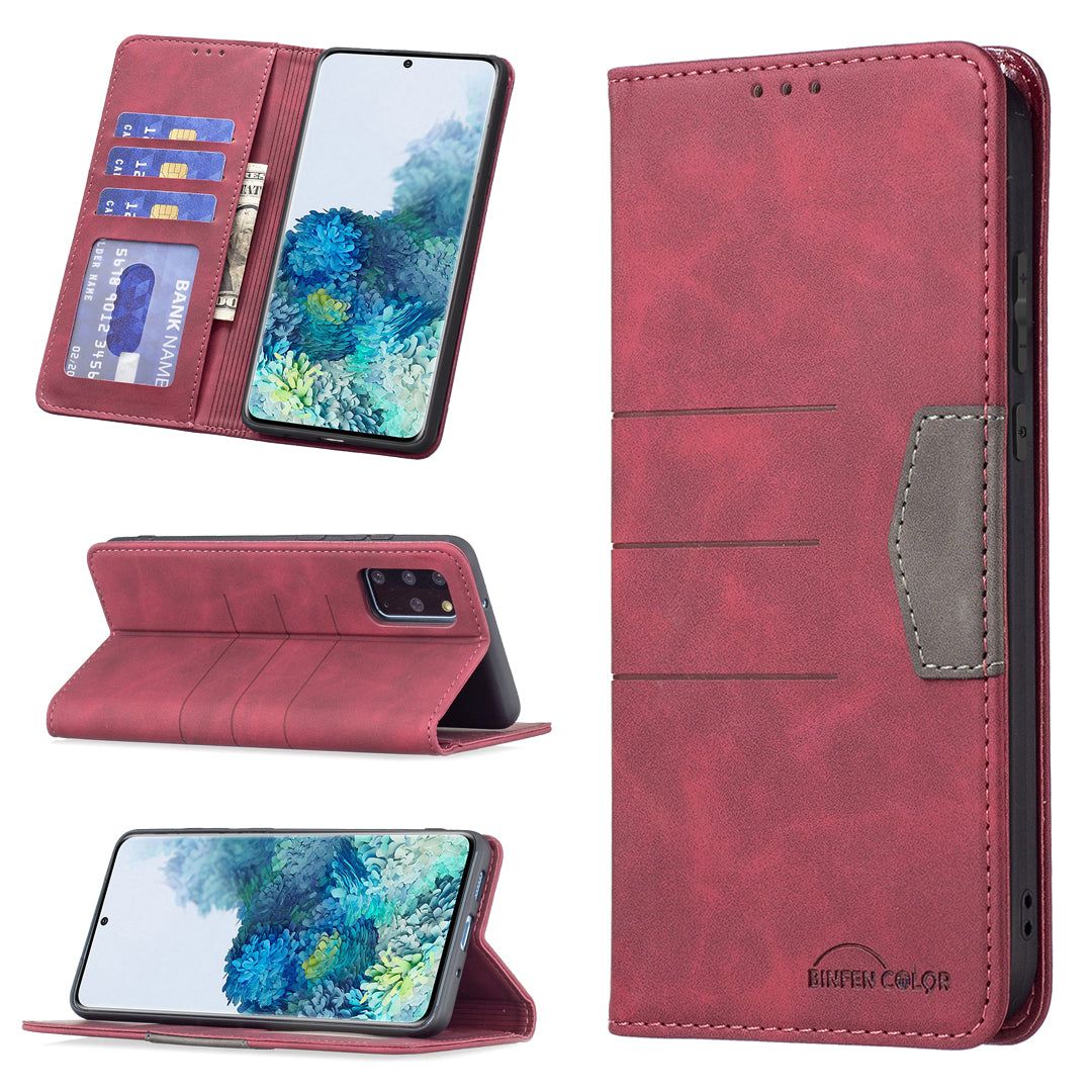 BINFEN COLOR For Samsung Galaxy S20 Plus 4G/5G Anti-scratch Phone Flip Cover Auto-absorption Anti-dust Phone Case Splicing Leather Wallet - Red