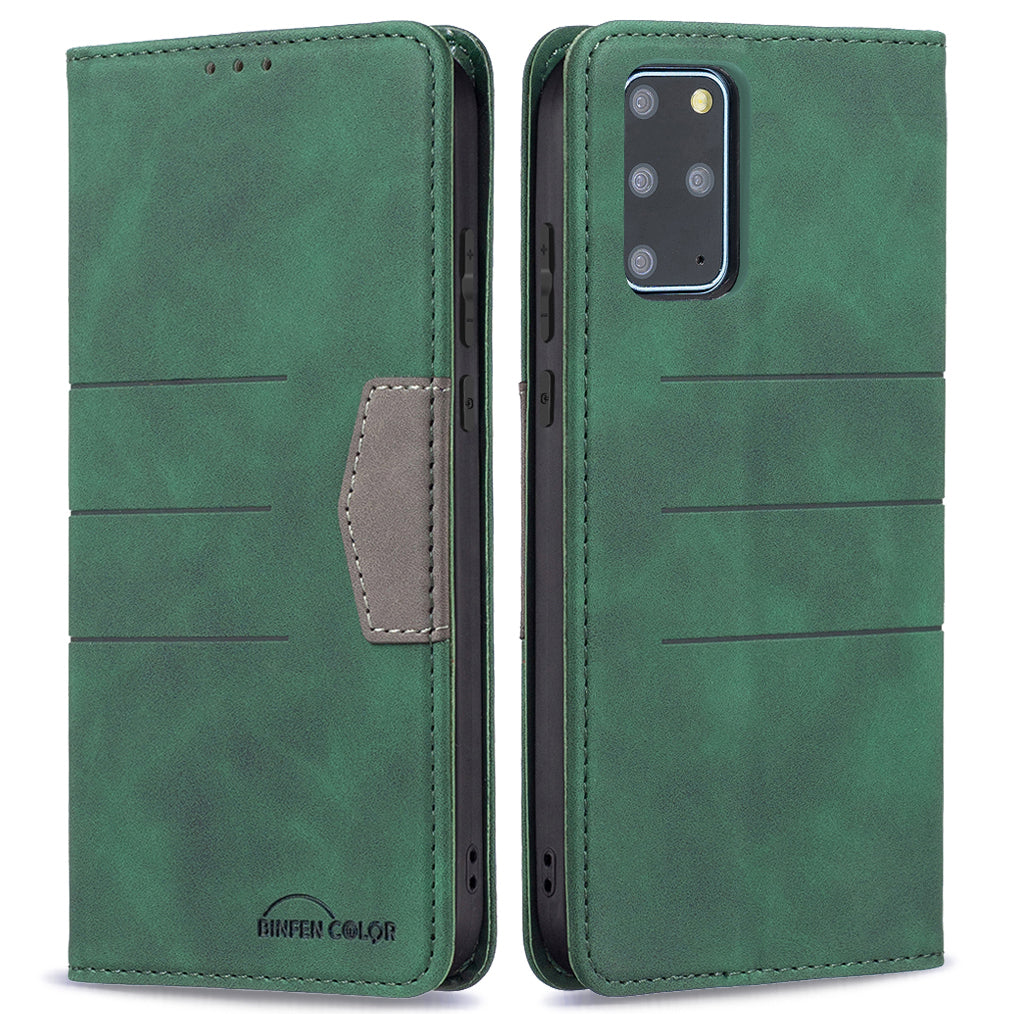 BINFEN COLOR For Samsung Galaxy S20 Plus 4G/5G Anti-scratch Phone Flip Cover Auto-absorption Anti-dust Phone Case Splicing Leather Wallet - Green