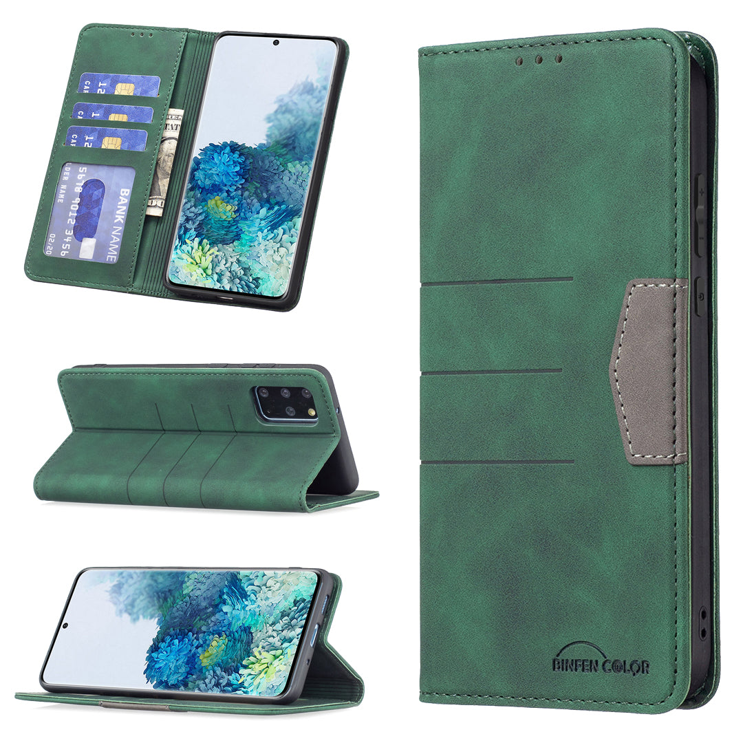 BINFEN COLOR For Samsung Galaxy S20 Plus 4G/5G Anti-scratch Phone Flip Cover Auto-absorption Anti-dust Phone Case Splicing Leather Wallet - Green