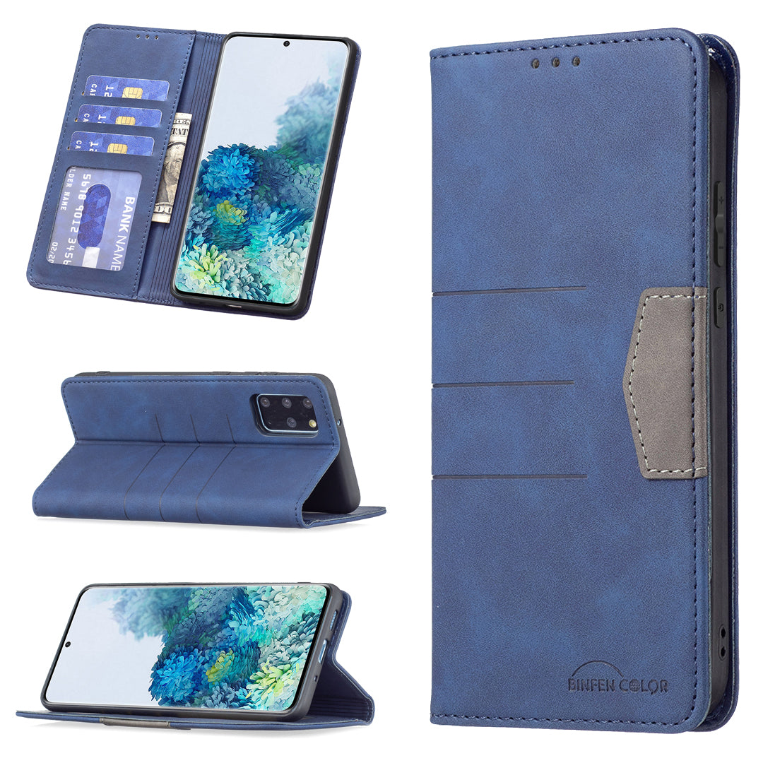 BINFEN COLOR For Samsung Galaxy S20 Plus 4G/5G Anti-scratch Phone Flip Cover Auto-absorption Anti-dust Phone Case Splicing Leather Wallet - Blue