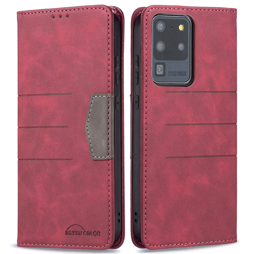 BINFEN COLOR Splash-resistant PU Leather+TPU Wallet Shockproof Phone Stand Cover Anti-dust Phone Case for Samsung Galaxy S20 Ultra - Red