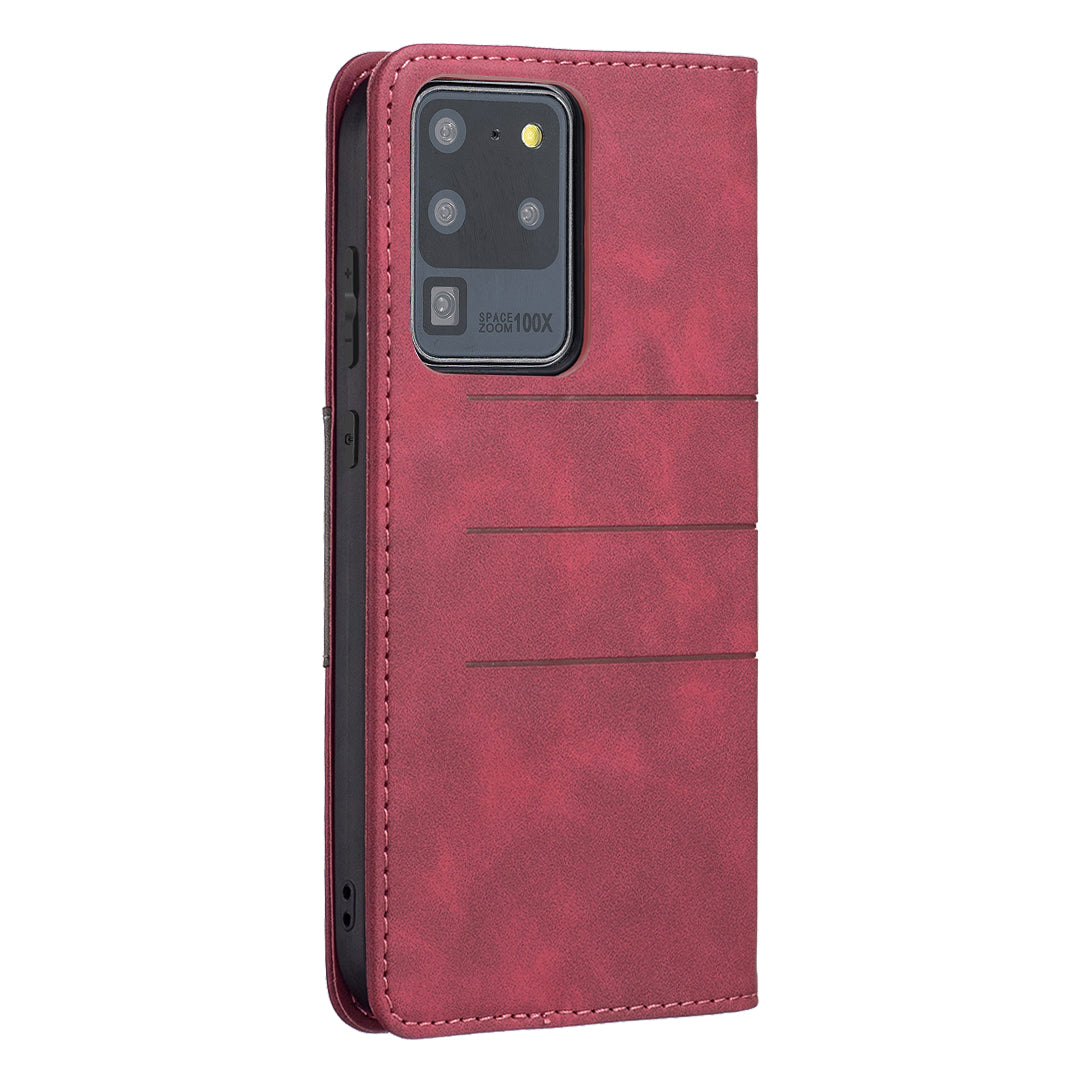 BINFEN COLOR Splash-resistant PU Leather+TPU Wallet Shockproof Phone Stand Cover Anti-dust Phone Case for Samsung Galaxy S20 Ultra - Red