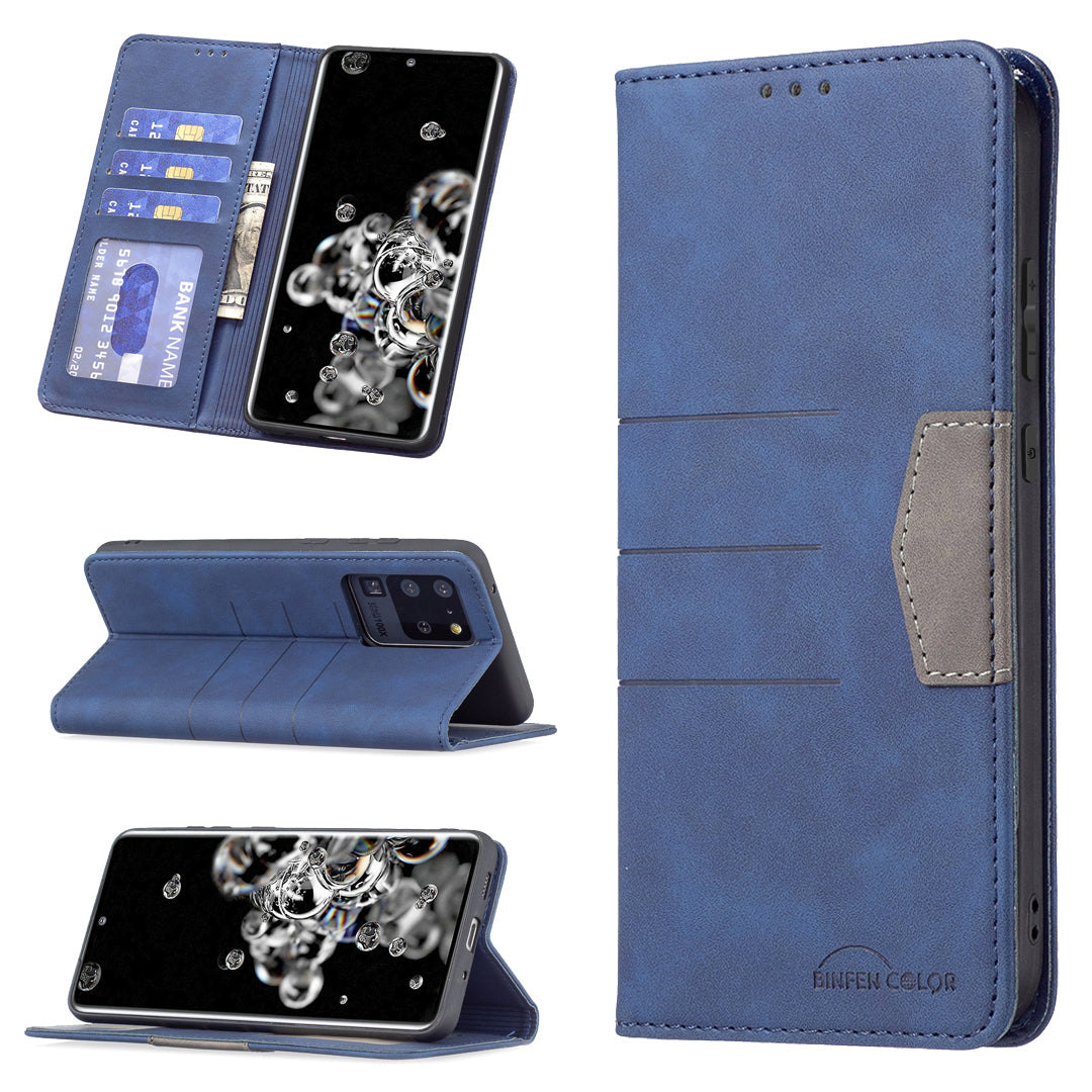 BINFEN COLOR Splash-resistant PU Leather+TPU Wallet Shockproof Phone Stand Cover Anti-dust Phone Case for Samsung Galaxy S20 Ultra - Blue