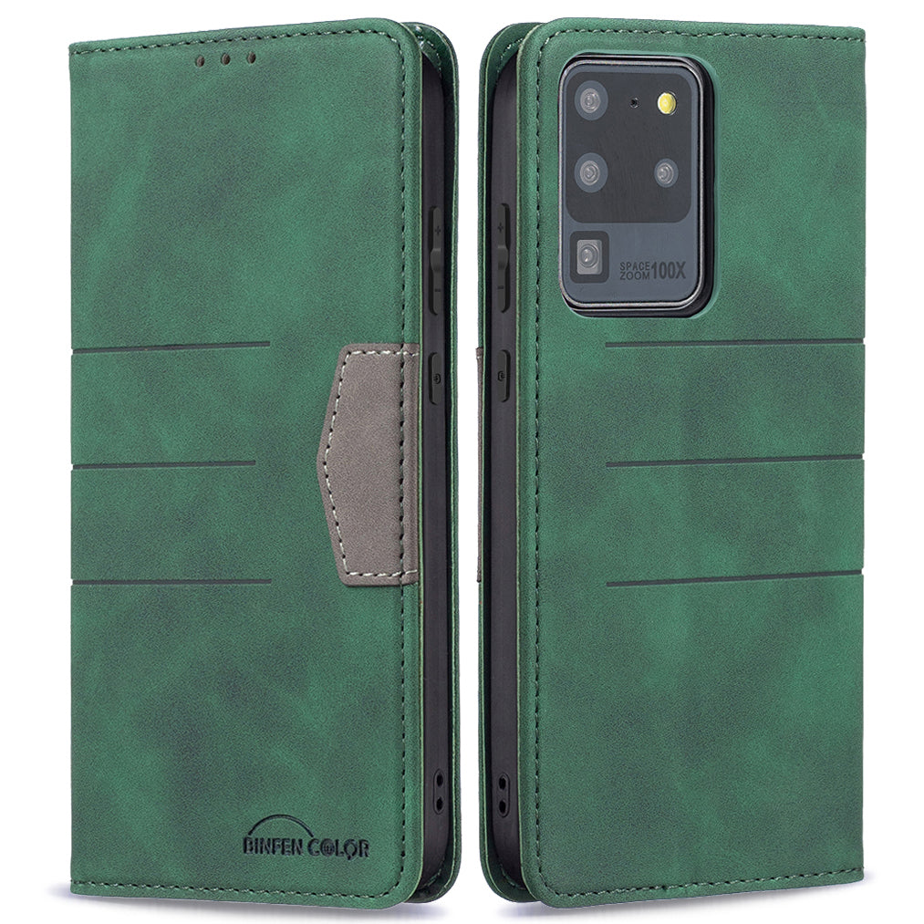 BINFEN COLOR Splash-resistant PU Leather+TPU Wallet Shockproof Phone Stand Cover Anti-dust Phone Case for Samsung Galaxy S20 Ultra - Green