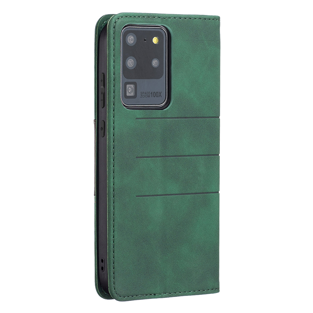 BINFEN COLOR Splash-resistant PU Leather+TPU Wallet Shockproof Phone Stand Cover Anti-dust Phone Case for Samsung Galaxy S20 Ultra - Green