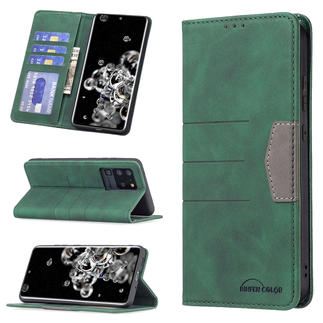 BINFEN COLOR Splash-resistant PU Leather+TPU Wallet Shockproof Phone Stand Cover Anti-dust Phone Case for Samsung Galaxy S20 Ultra - Green