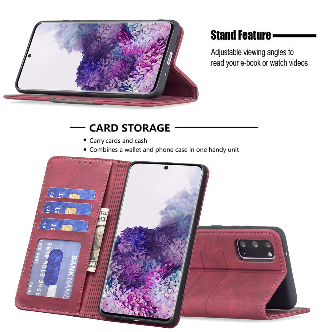 BINFEN COLOR Ultra-strong Auto-absorption Anti-scratch Phone Flip Cover Anti-dust Phone Case Splicing Leather Wallet for Samsung Galaxy S20 4G/S20 5G - Red