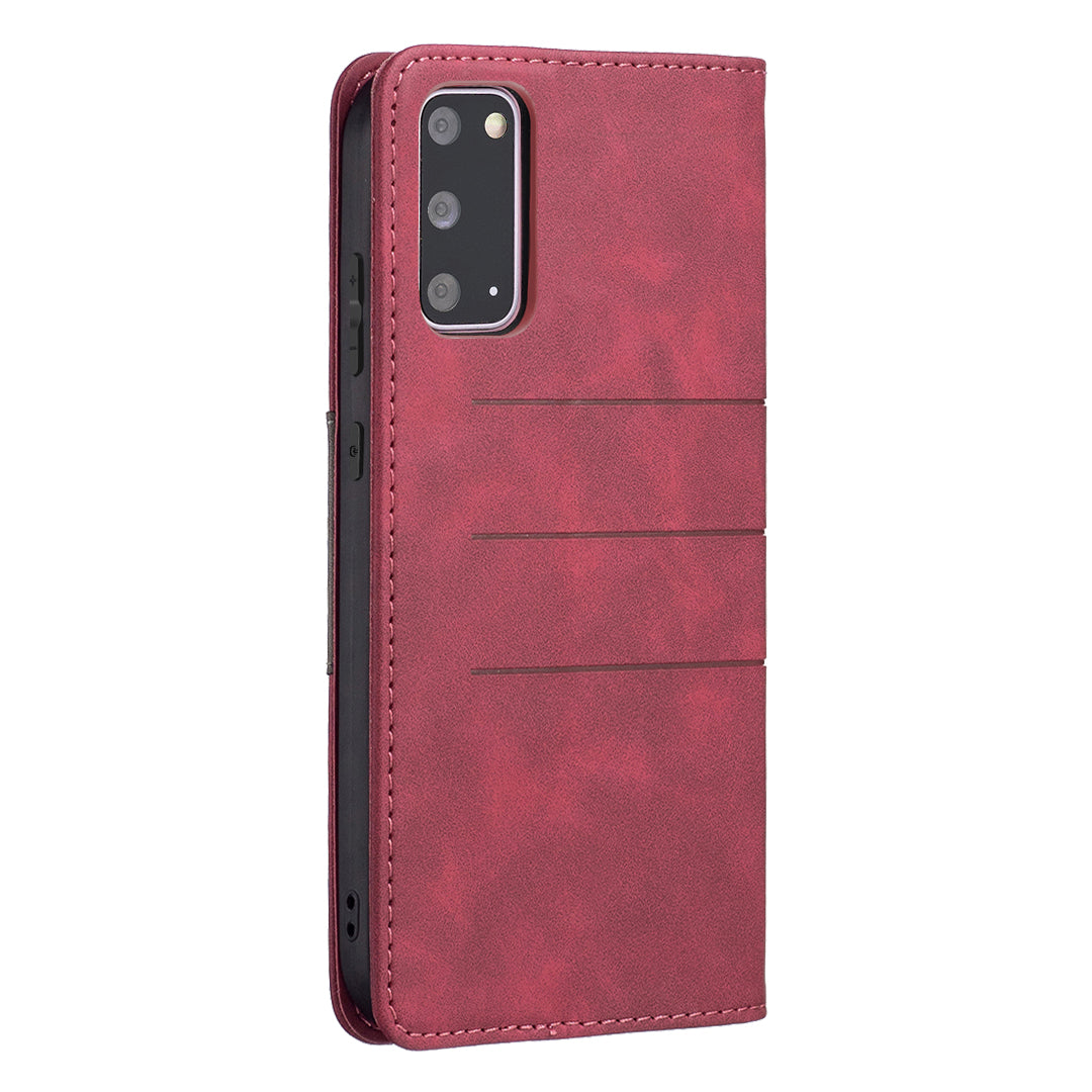 BINFEN COLOR Ultra-strong Auto-absorption Anti-scratch Phone Flip Cover Anti-dust Phone Case Splicing Leather Wallet for Samsung Galaxy S20 4G/S20 5G - Red