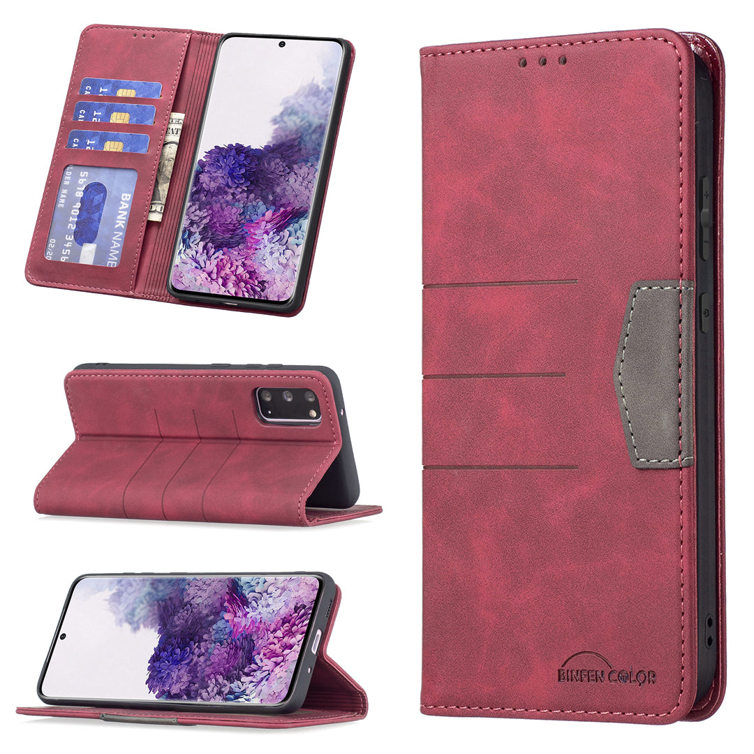 BINFEN COLOR Ultra-strong Auto-absorption Anti-scratch Phone Flip Cover Anti-dust Phone Case Splicing Leather Wallet for Samsung Galaxy S20 4G/S20 5G - Red