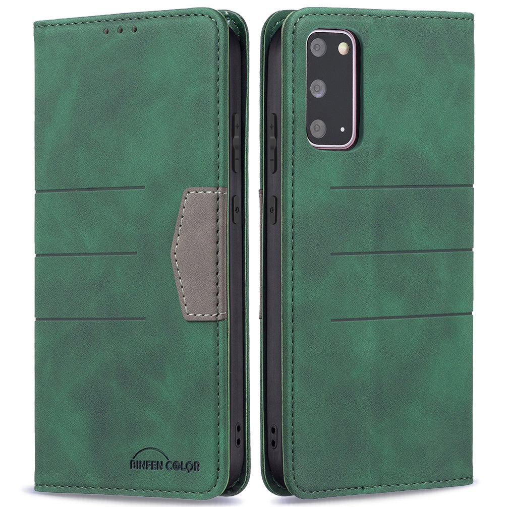 BINFEN COLOR Ultra-strong Auto-absorption Anti-scratch Phone Flip Cover Anti-dust Phone Case Splicing Leather Wallet for Samsung Galaxy S20 4G/S20 5G - Green