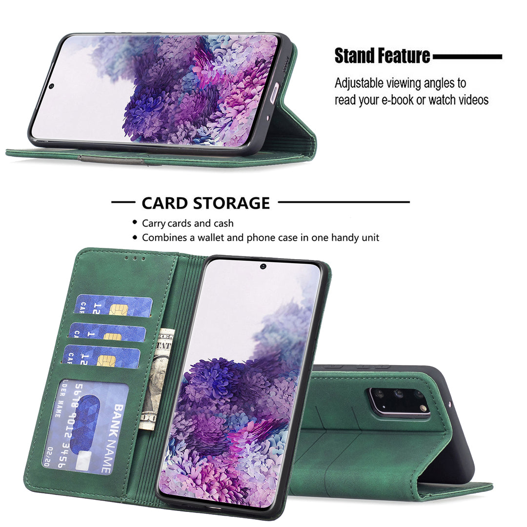 BINFEN COLOR Ultra-strong Auto-absorption Anti-scratch Phone Flip Cover Anti-dust Phone Case Splicing Leather Wallet for Samsung Galaxy S20 4G/S20 5G - Green