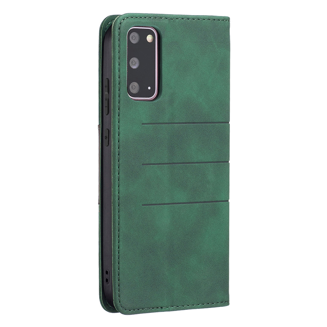 BINFEN COLOR Ultra-strong Auto-absorption Anti-scratch Phone Flip Cover Anti-dust Phone Case Splicing Leather Wallet for Samsung Galaxy S20 4G/S20 5G - Green