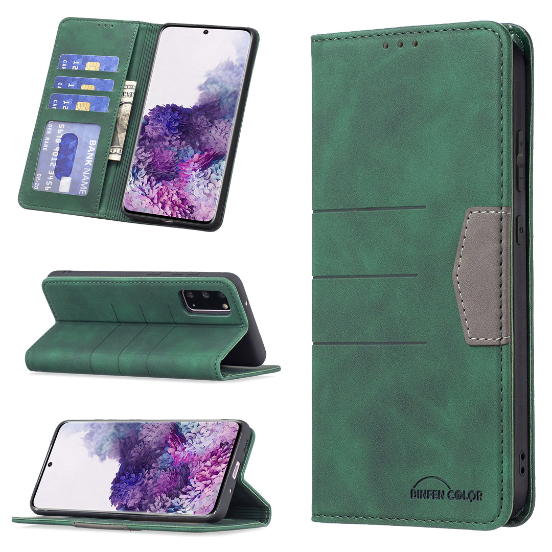 BINFEN COLOR Ultra-strong Auto-absorption Anti-scratch Phone Flip Cover Anti-dust Phone Case Splicing Leather Wallet for Samsung Galaxy S20 4G/S20 5G - Green