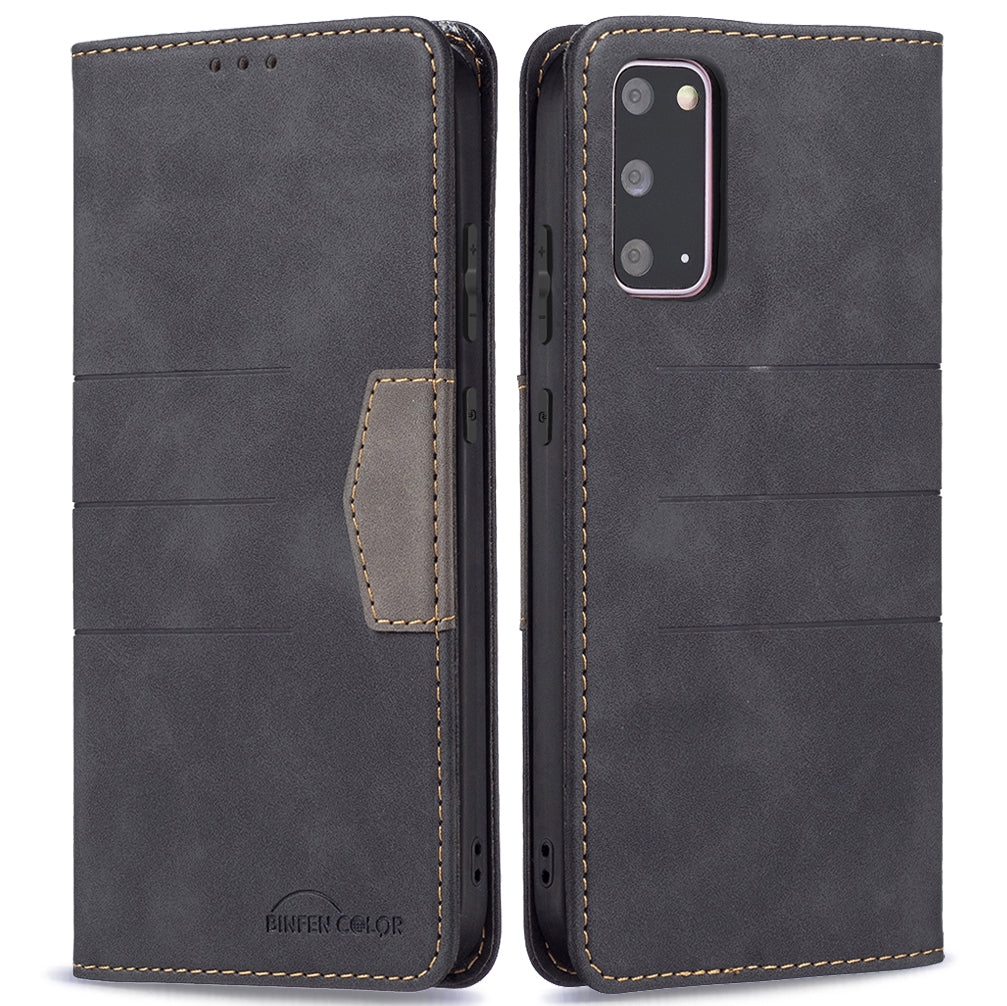 BINFEN COLOR Ultra-strong Auto-absorption Anti-scratch Phone Flip Cover Anti-dust Phone Case Splicing Leather Wallet for Samsung Galaxy S20 4G/S20 5G - Black