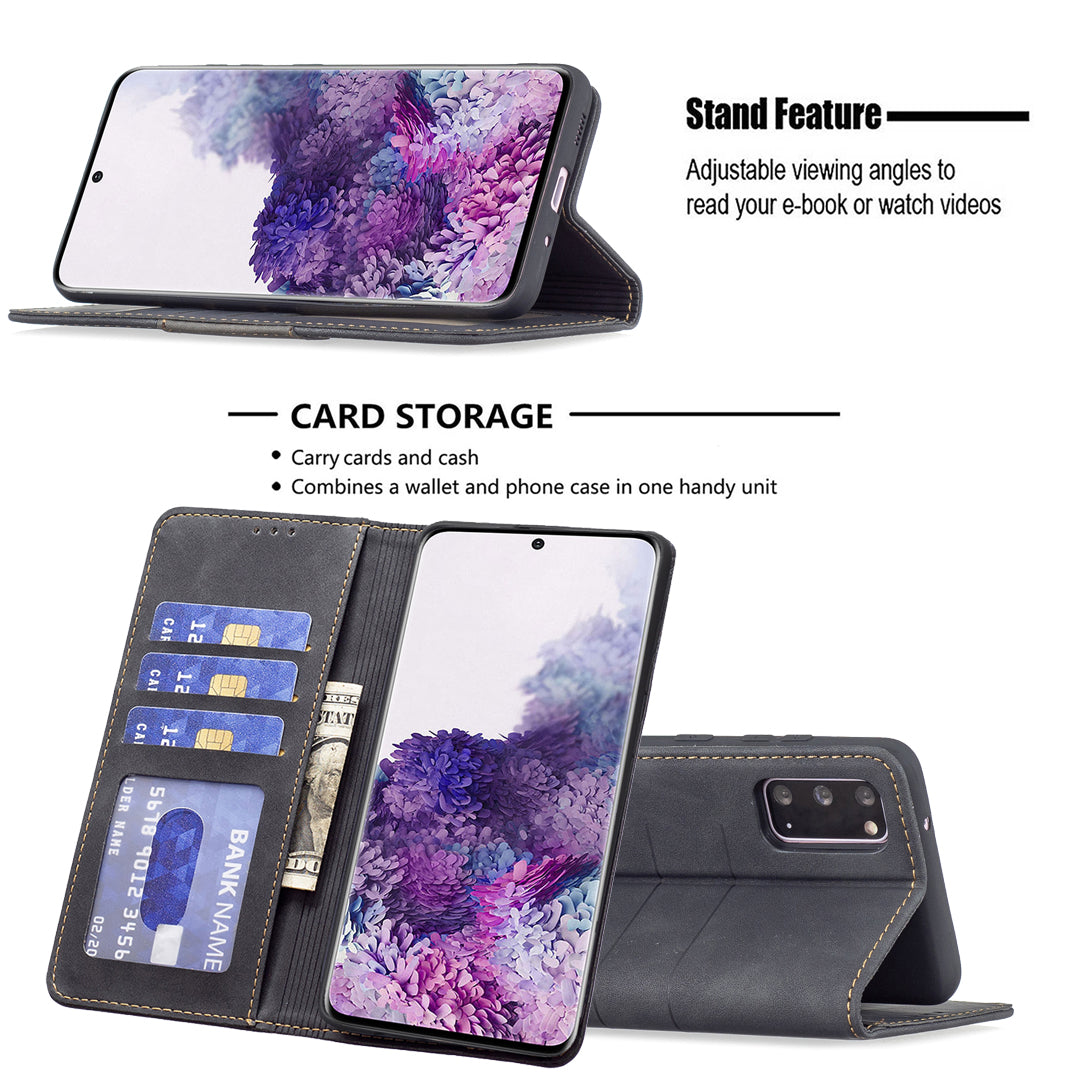 BINFEN COLOR Ultra-strong Auto-absorption Anti-scratch Phone Flip Cover Anti-dust Phone Case Splicing Leather Wallet for Samsung Galaxy S20 4G/S20 5G - Black