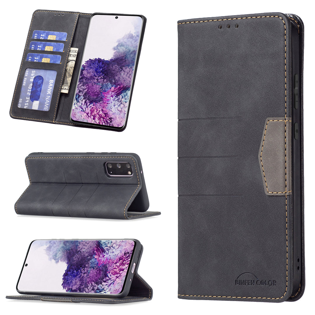 BINFEN COLOR Ultra-strong Auto-absorption Anti-scratch Phone Flip Cover Anti-dust Phone Case Splicing Leather Wallet for Samsung Galaxy S20 4G/S20 5G - Black