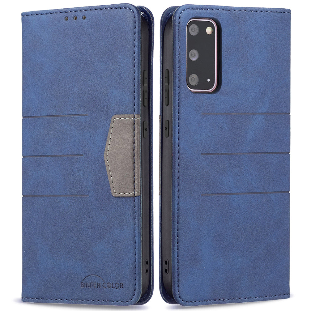 BINFEN COLOR Ultra-strong Auto-absorption Anti-scratch Phone Flip Cover Anti-dust Phone Case Splicing Leather Wallet for Samsung Galaxy S20 4G/S20 5G - Blue