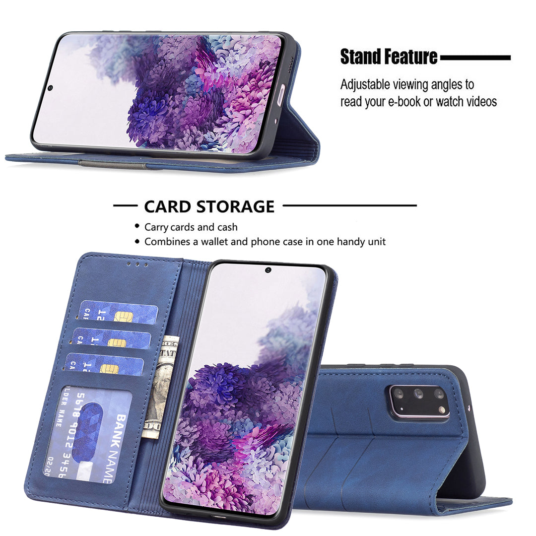 BINFEN COLOR Ultra-strong Auto-absorption Anti-scratch Phone Flip Cover Anti-dust Phone Case Splicing Leather Wallet for Samsung Galaxy S20 4G/S20 5G - Blue