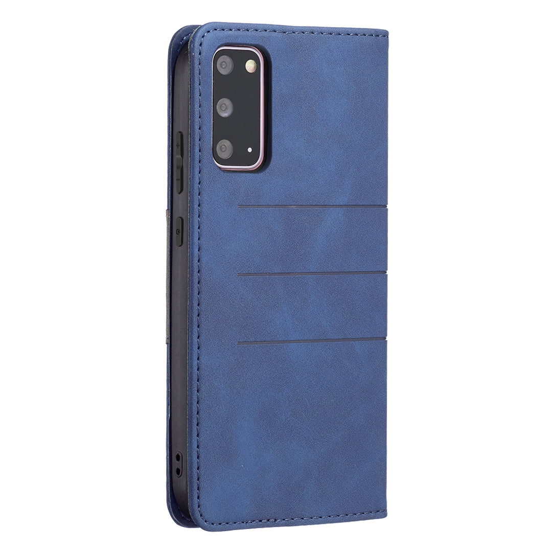 BINFEN COLOR Ultra-strong Auto-absorption Anti-scratch Phone Flip Cover Anti-dust Phone Case Splicing Leather Wallet for Samsung Galaxy S20 4G/S20 5G - Blue