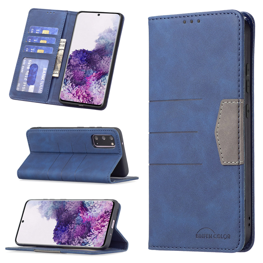 BINFEN COLOR Ultra-strong Auto-absorption Anti-scratch Phone Flip Cover Anti-dust Phone Case Splicing Leather Wallet for Samsung Galaxy S20 4G/S20 5G - Blue