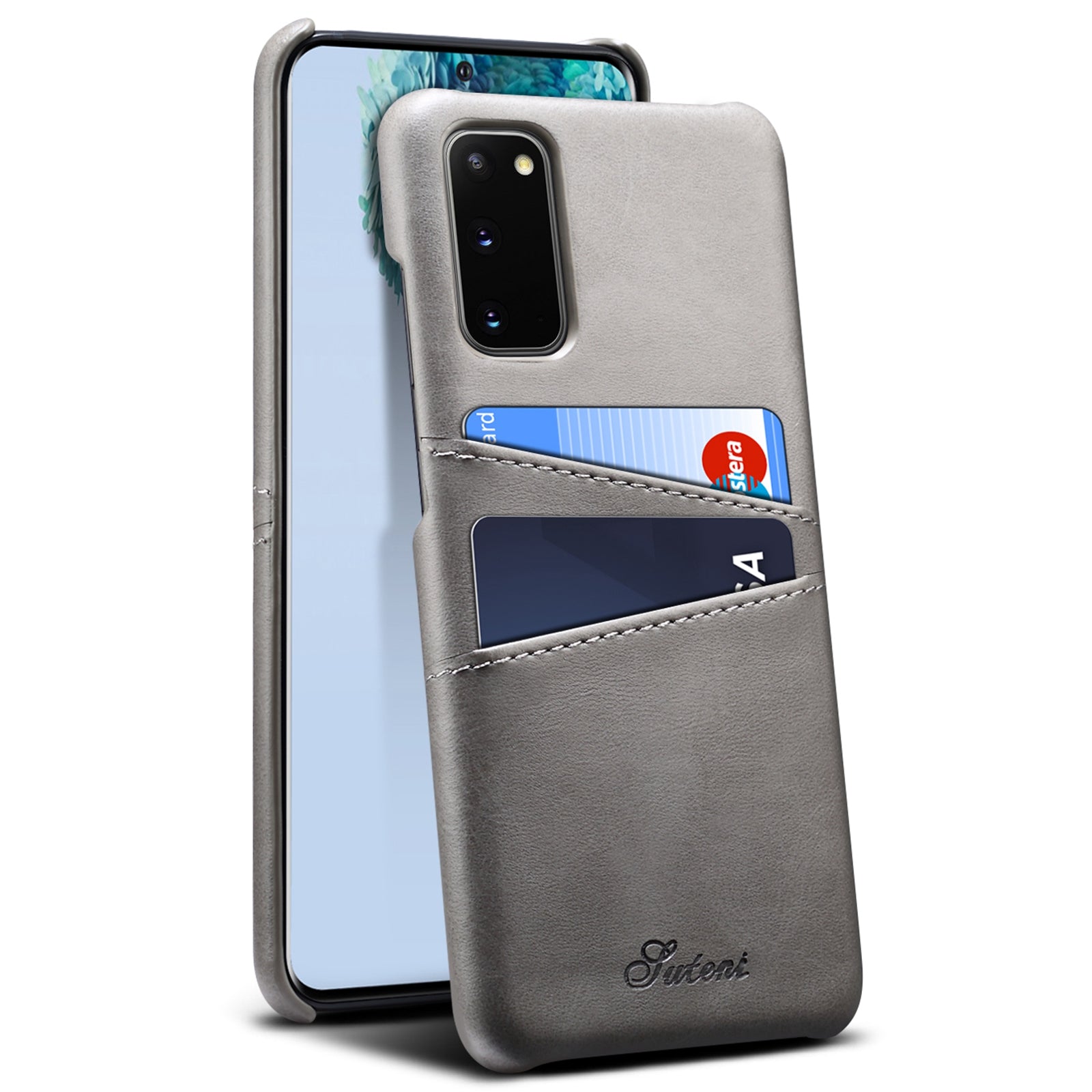 SUTENI PU Leather Coated PC Case with Non-Fully-Wrapped Design Card Holders Phone Protector for Samsung Galaxy S20 4G/S20 5G - Grey