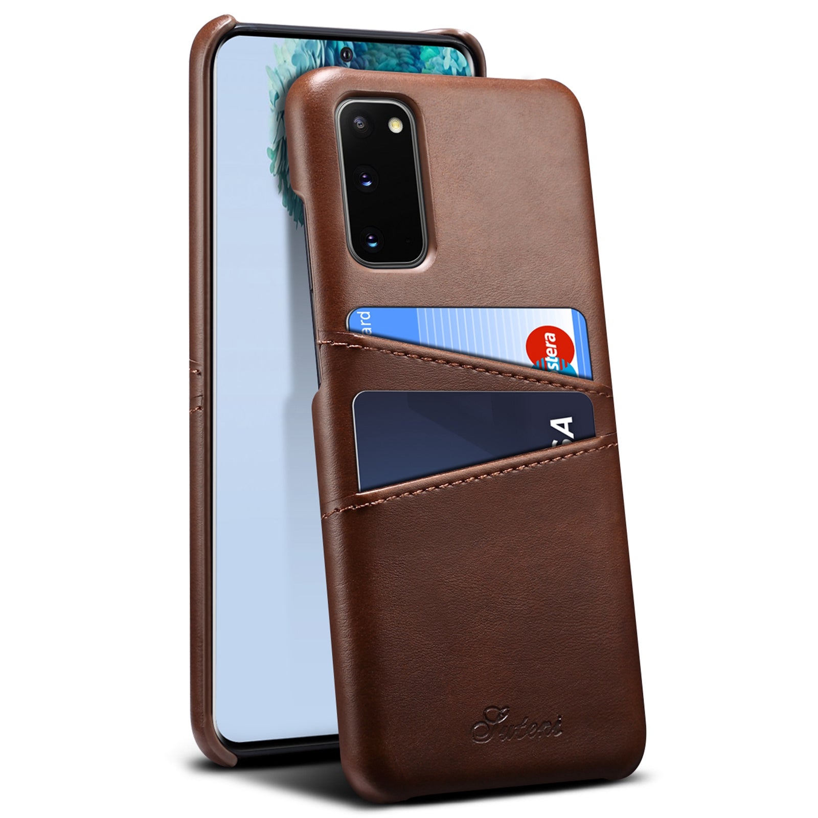 SUTENI PU Leather Coated PC Case with Non-Fully-Wrapped Design Card Holders Phone Protector for Samsung Galaxy S20 4G/S20 5G - Brown