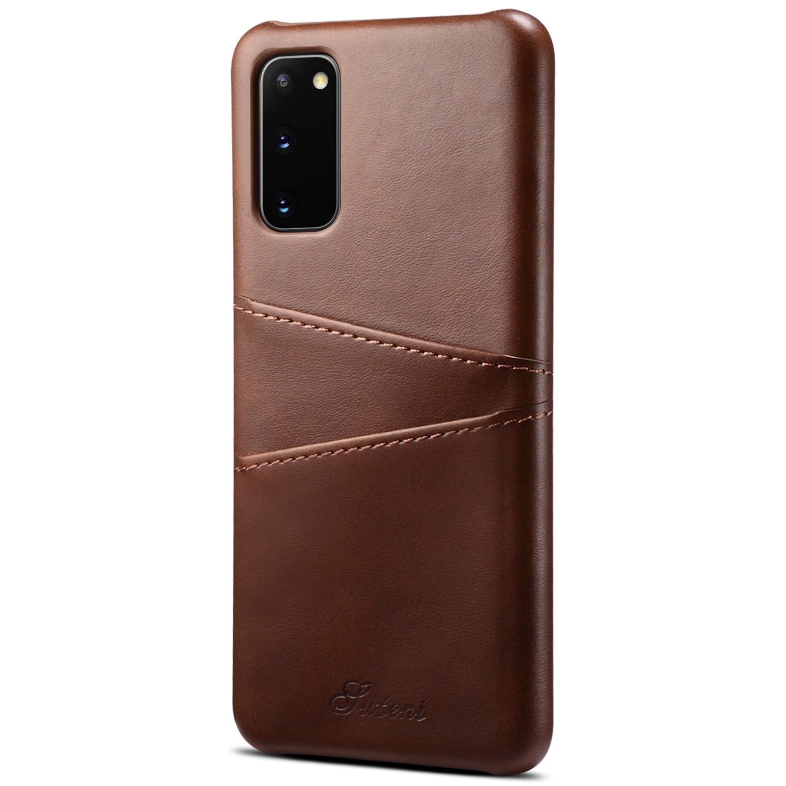 SUTENI PU Leather Coated PC Case with Non-Fully-Wrapped Design Card Holders Phone Protector for Samsung Galaxy S20 4G/S20 5G - Brown