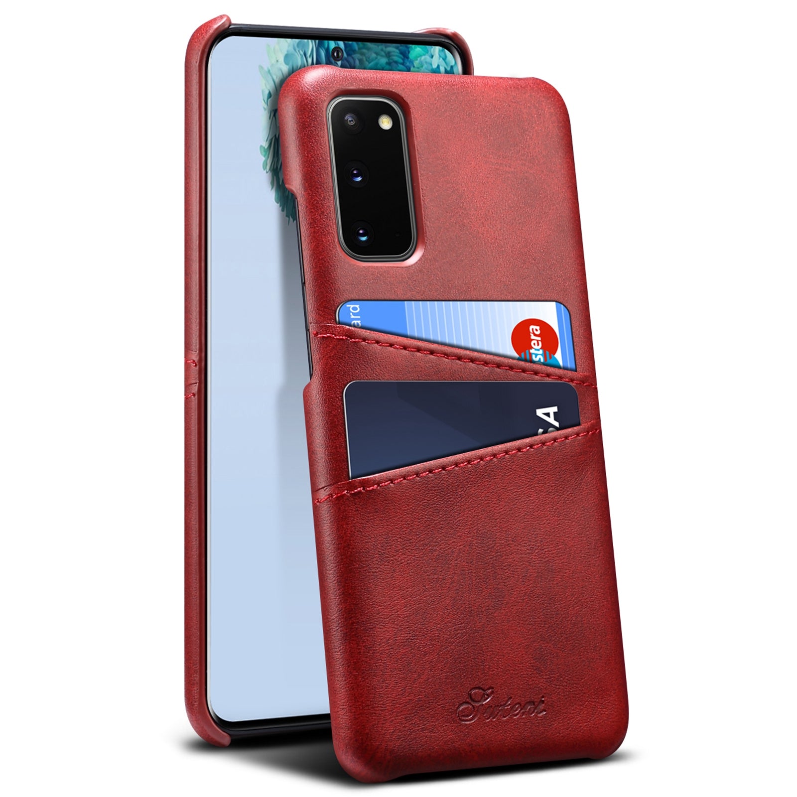 SUTENI PU Leather Coated PC Case with Non-Fully-Wrapped Design Card Holders Phone Protector for Samsung Galaxy S20 4G/S20 5G - Red