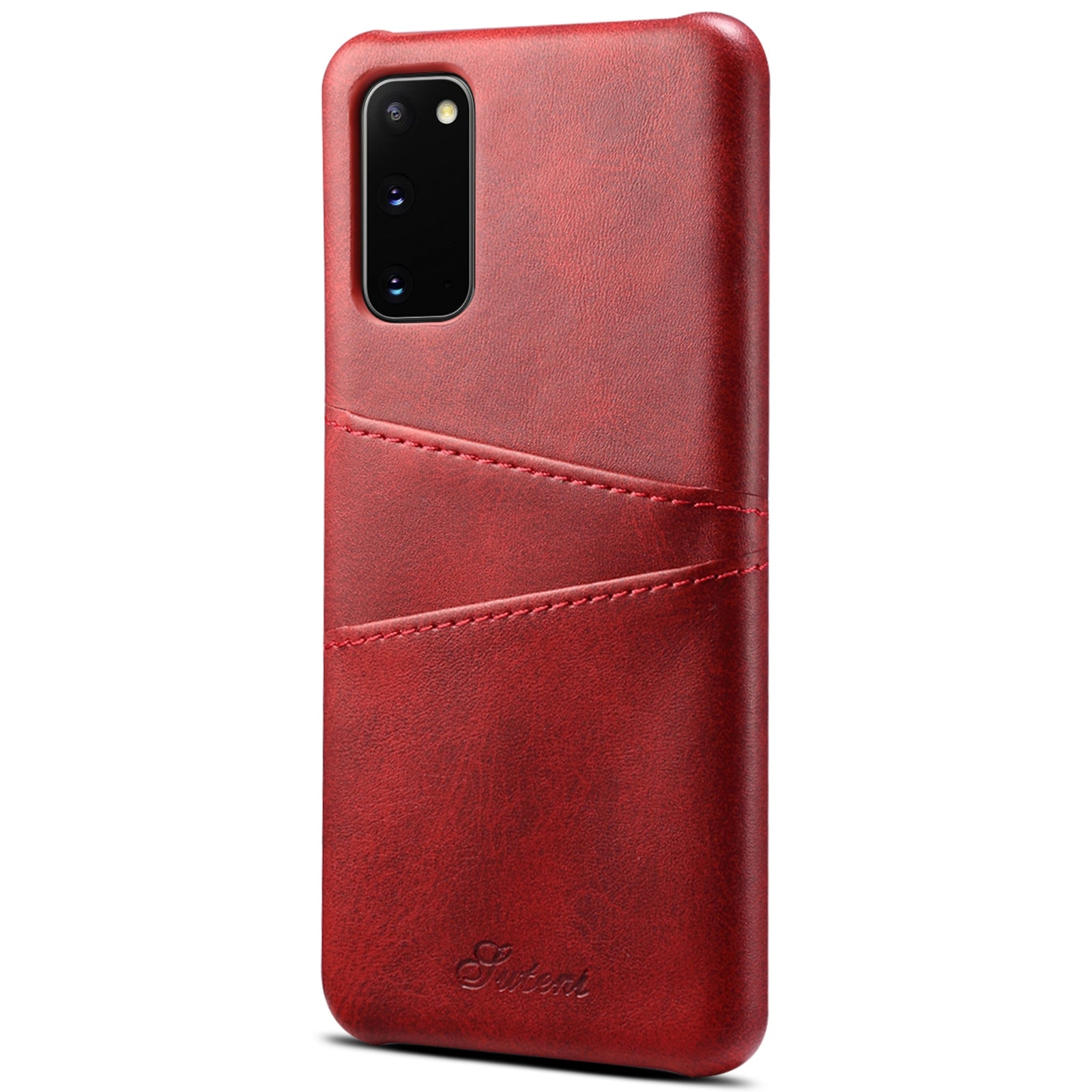 SUTENI PU Leather Coated PC Case with Non-Fully-Wrapped Design Card Holders Phone Protector for Samsung Galaxy S20 4G/S20 5G - Red