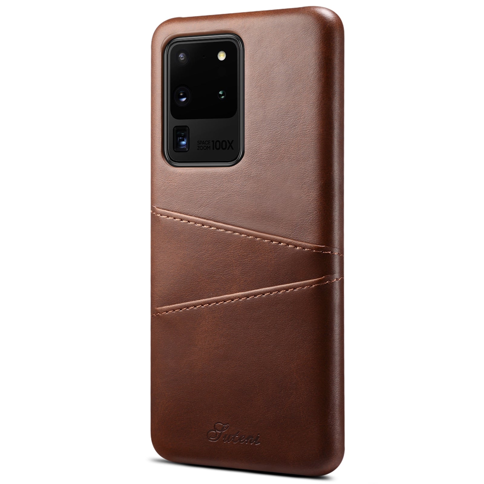 SUTENI PU Leather Coated PC Case Large Cutouts Easy Ports Access with Card Holders for Samsung Galaxy S20 Ultra - Brown