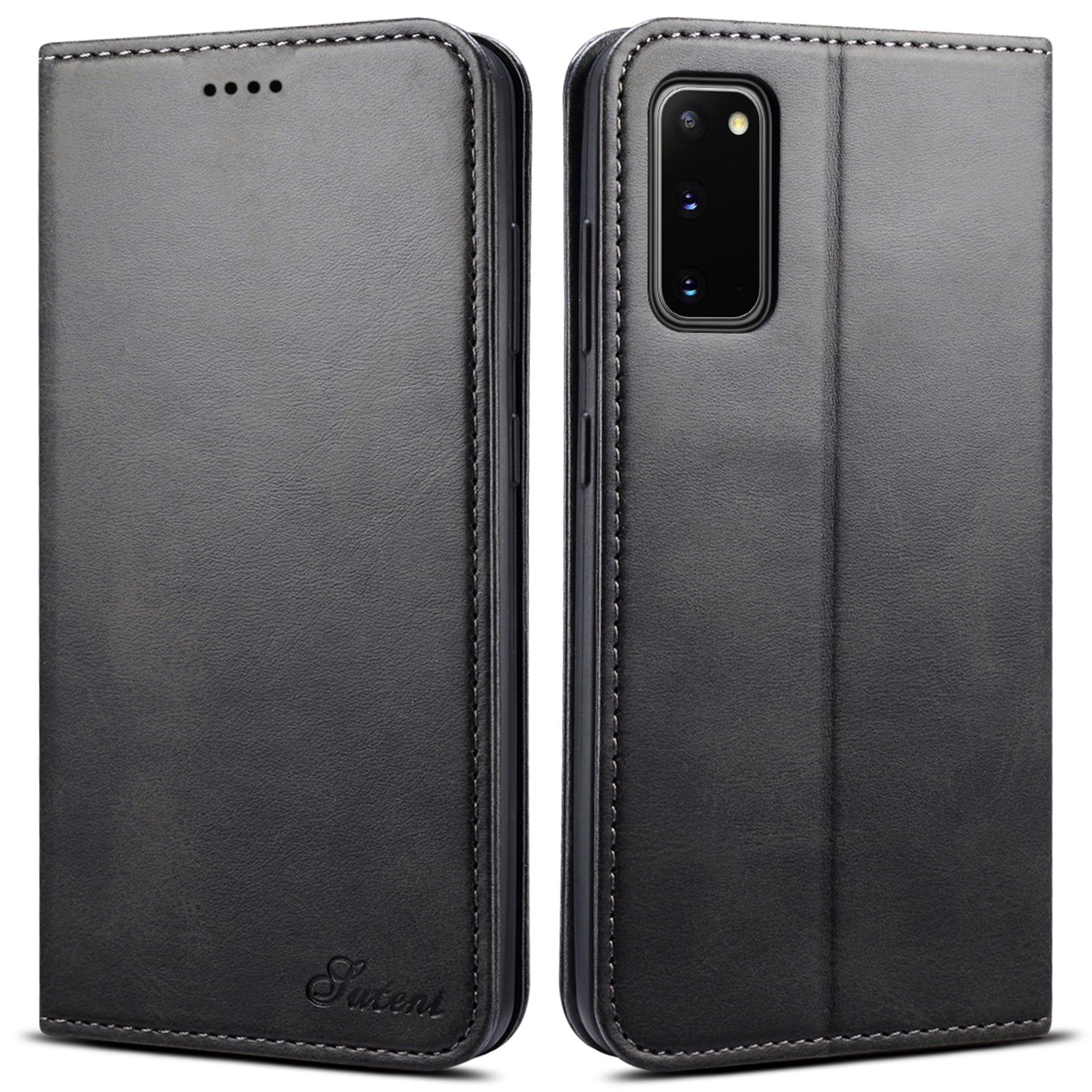 SUTENI Stand Wallet Full Protection Leather Case Phone Cover for Samsung Galaxy S20 4G/S20 5G - Black