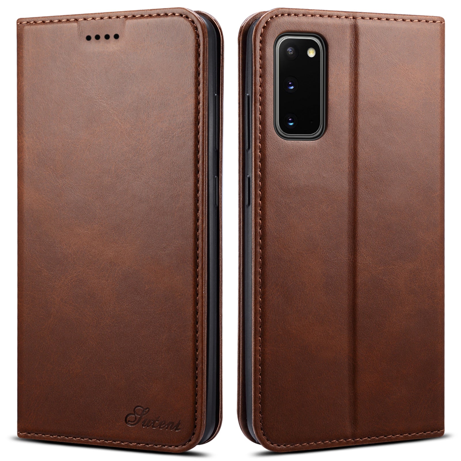 SUTENI Stand Wallet Full Protection Leather Case Phone Cover for Samsung Galaxy S20 4G/S20 5G - Brown