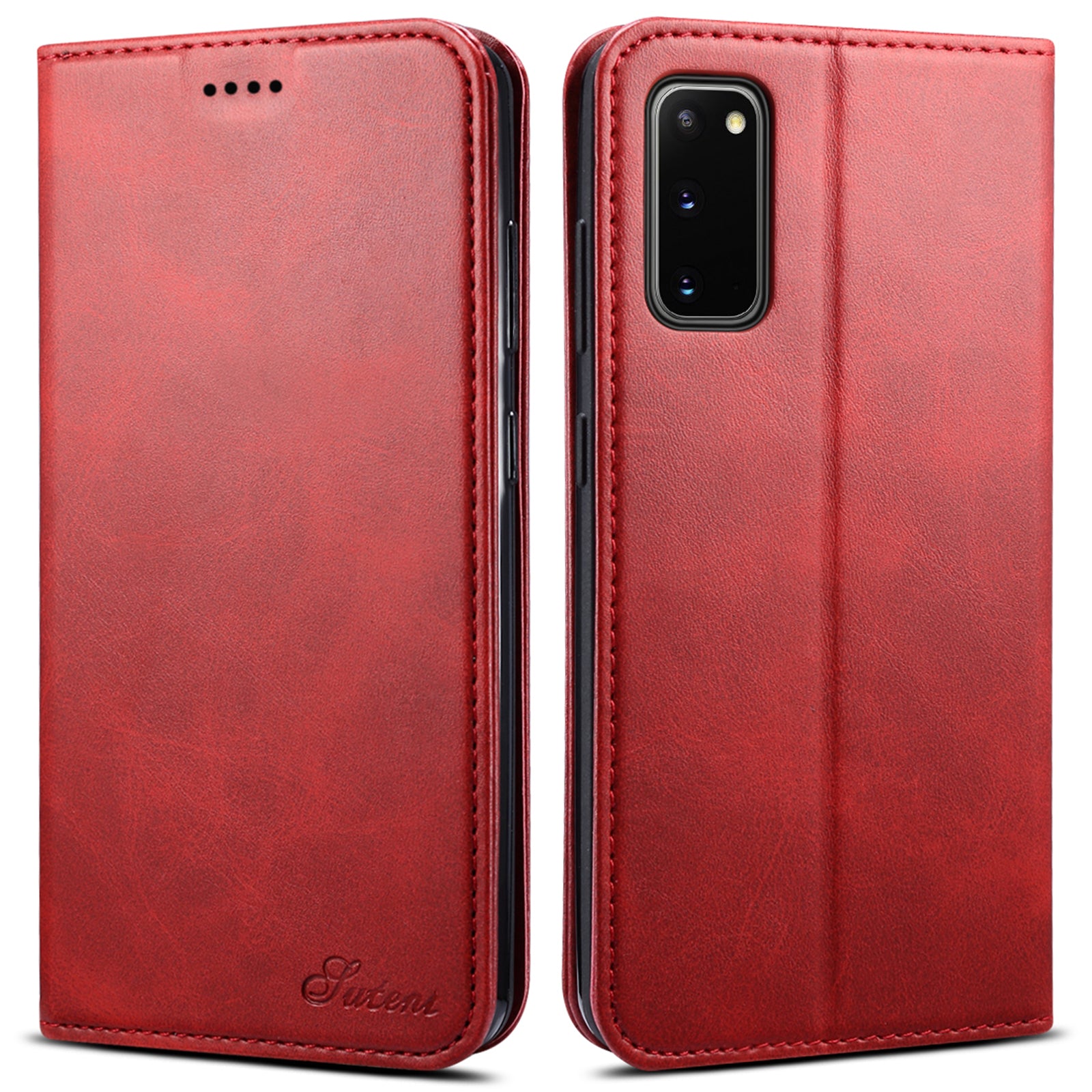 SUTENI Stand Wallet Full Protection Leather Case Phone Cover for Samsung Galaxy S20 4G/S20 5G - Red