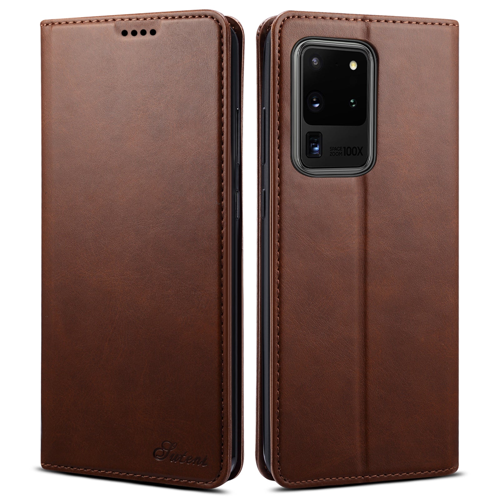 SUTENI Shockproof Leather Case Phone Cover with Stand Wallet for Samsung Galaxy S20 Ultra - Brown