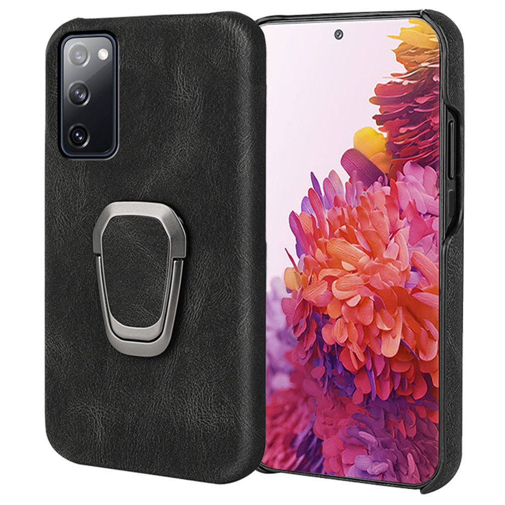 Ring Holder Kickstand Anti-scratch PU Leather Coated PC Phone Cover Case for Samsung Galaxy S20 FE 2022/S20 FE/S20 FE 5G/S20 Fan Edition 5G/S20 Fan Edition 4G/S20 Lite - Black