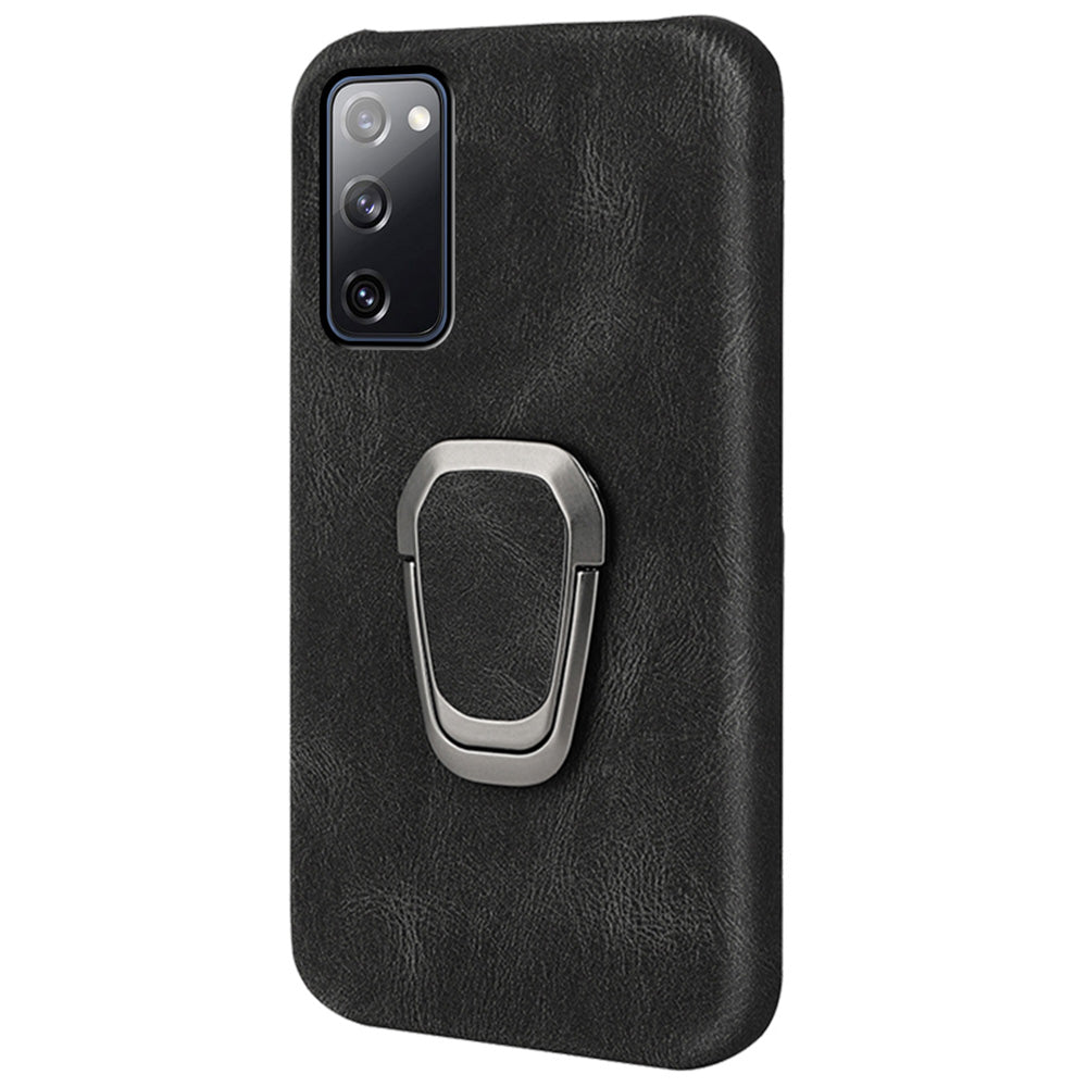 Ring Holder Kickstand Anti-scratch PU Leather Coated PC Phone Cover Case for Samsung Galaxy S20 FE 2022/S20 FE/S20 FE 5G/S20 Fan Edition 5G/S20 Fan Edition 4G/S20 Lite - Black