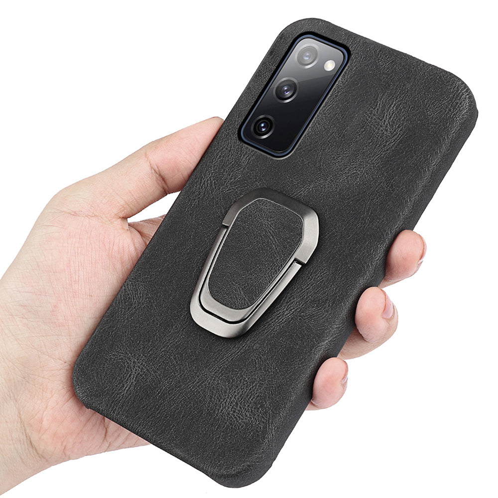 Ring Holder Kickstand Anti-scratch PU Leather Coated PC Phone Cover Case for Samsung Galaxy S20 FE 2022/S20 FE/S20 FE 5G/S20 Fan Edition 5G/S20 Fan Edition 4G/S20 Lite - Black