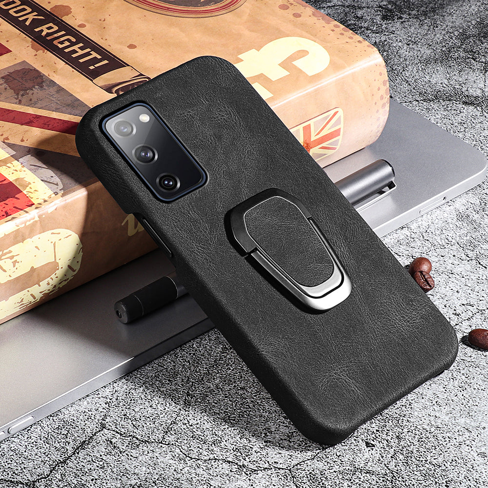 Ring Holder Kickstand Anti-scratch PU Leather Coated PC Phone Cover Case for Samsung Galaxy S20 FE 2022/S20 FE/S20 FE 5G/S20 Fan Edition 5G/S20 Fan Edition 4G/S20 Lite - Black