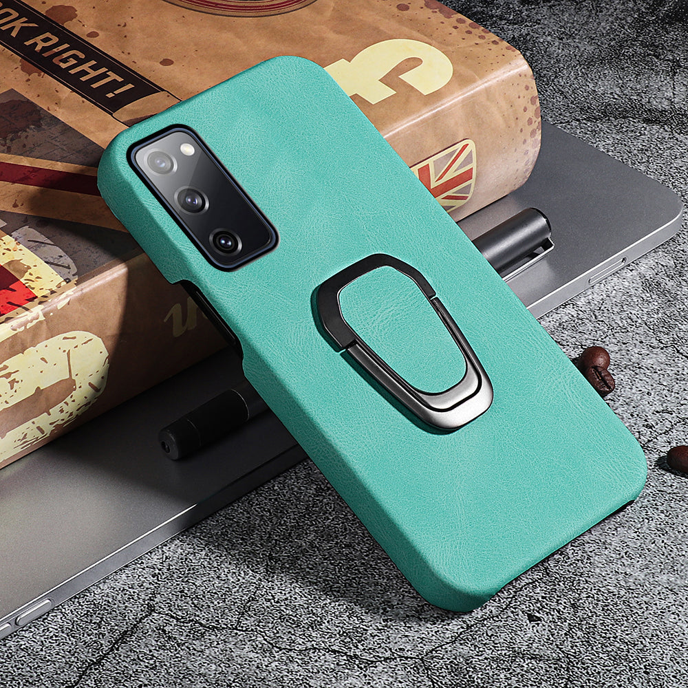 Ring Holder Kickstand Anti-scratch PU Leather Coated PC Phone Cover Case for Samsung Galaxy S20 FE 2022/S20 FE/S20 FE 5G /S20 Fan Edition 5G/S20 Fan Edition 4G/S20 Lite - Matcha Green