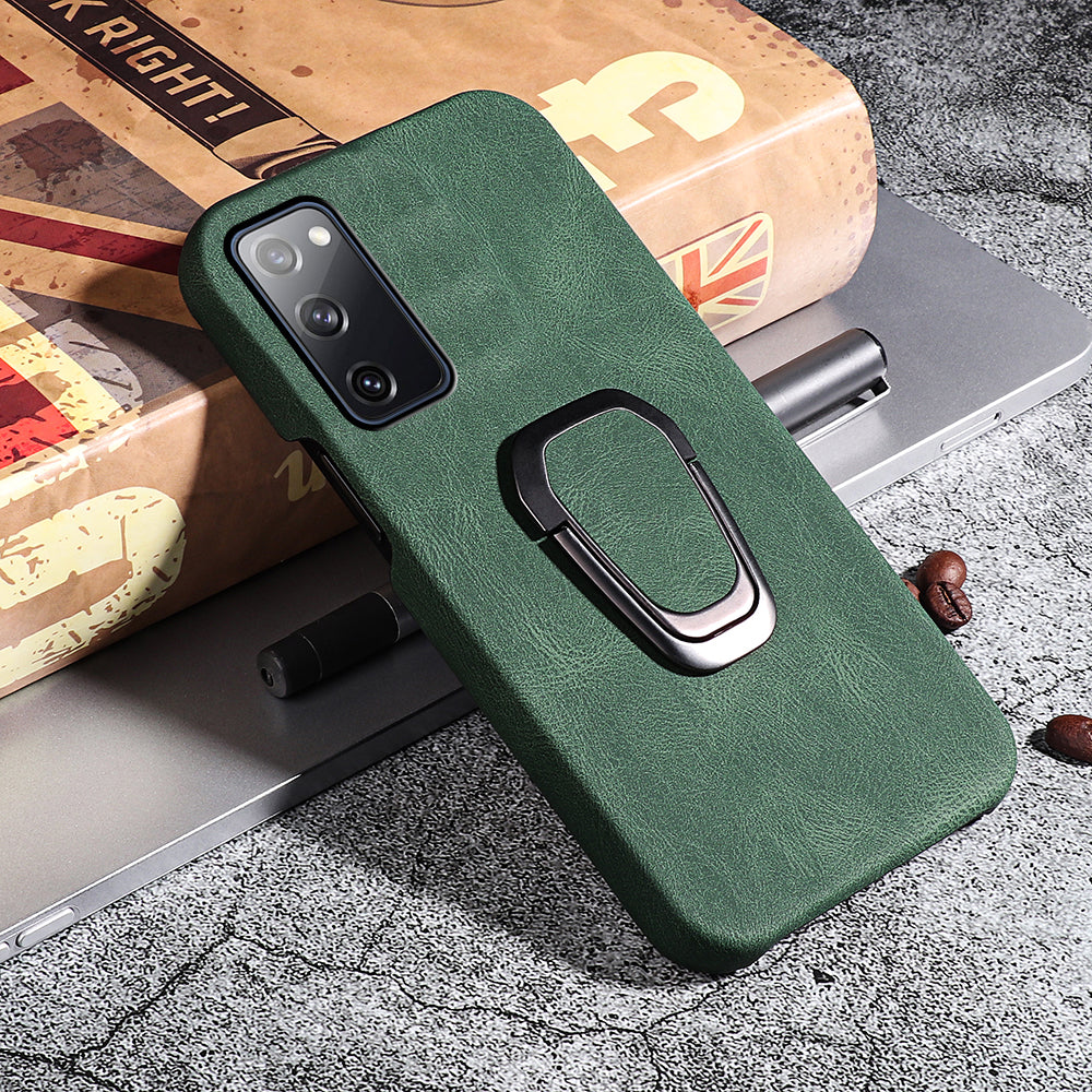 Ring Holder Kickstand Anti-scratch PU Leather Coated PC Phone Cover Case for Samsung Galaxy S20 FE 2022/S20 FE/S20 FE 5G/S20 Fan Edition 5G/S20 Fan Edition 4G/S20 Lite - Green