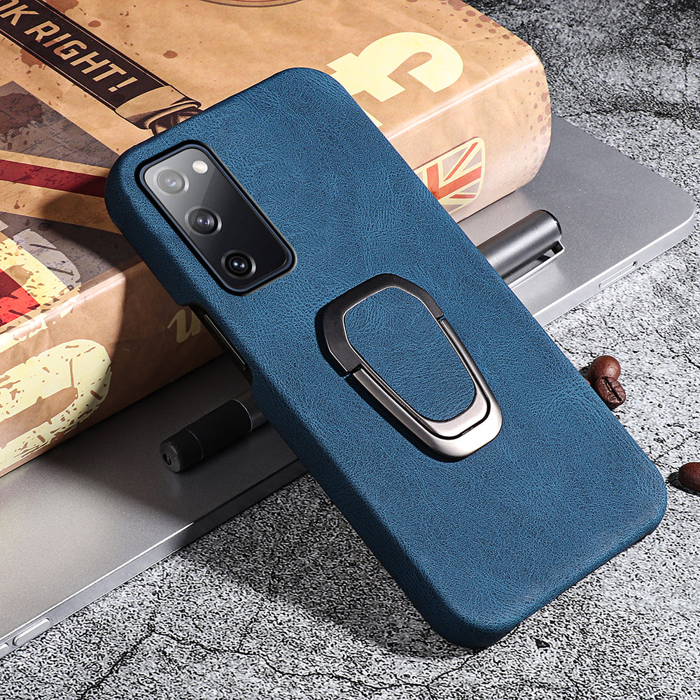 Ring Holder Kickstand Anti-scratch PU Leather Coated PC Phone Cover Case for Samsung Galaxy S20 FE 2022/S20 FE/S20 FE 5G /S20 Fan Edition 5G/S20 Fan Edition 4G/S20 Lite - Blue