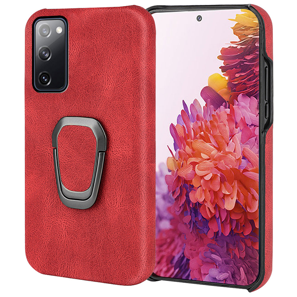 Ring Holder Kickstand Anti-scratch PU Leather Coated PC Phone Cover Case for Samsung Galaxy S20 FE 2022/S20 FE/S20 FE 5G/S20 Fan Edition 5G/S20 Fan Edition 4G/S20 Lite - Red