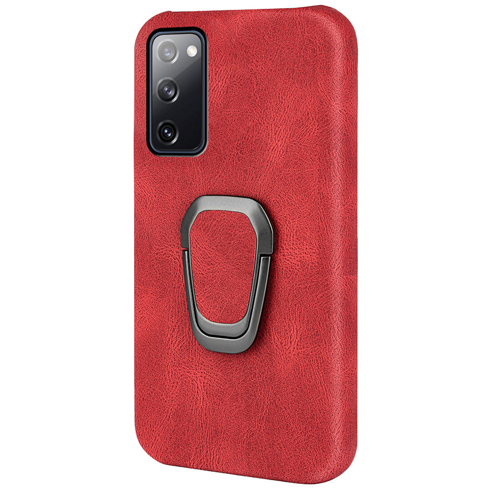 Ring Holder Kickstand Anti-scratch PU Leather Coated PC Phone Cover Case for Samsung Galaxy S20 FE 2022/S20 FE/S20 FE 5G/S20 Fan Edition 5G/S20 Fan Edition 4G/S20 Lite - Red