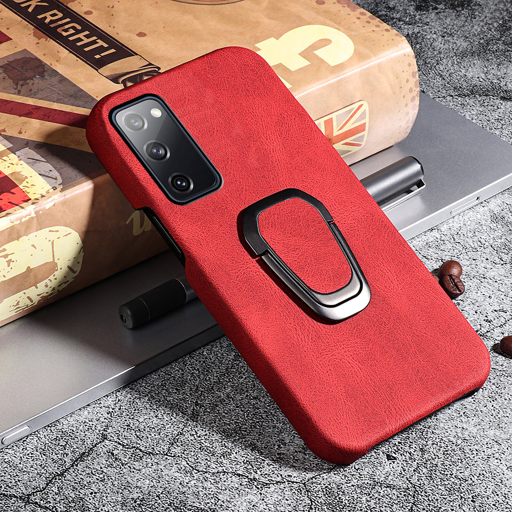 Ring Holder Kickstand Anti-scratch PU Leather Coated PC Phone Cover Case for Samsung Galaxy S20 FE 2022/S20 FE/S20 FE 5G/S20 Fan Edition 5G/S20 Fan Edition 4G/S20 Lite - Red