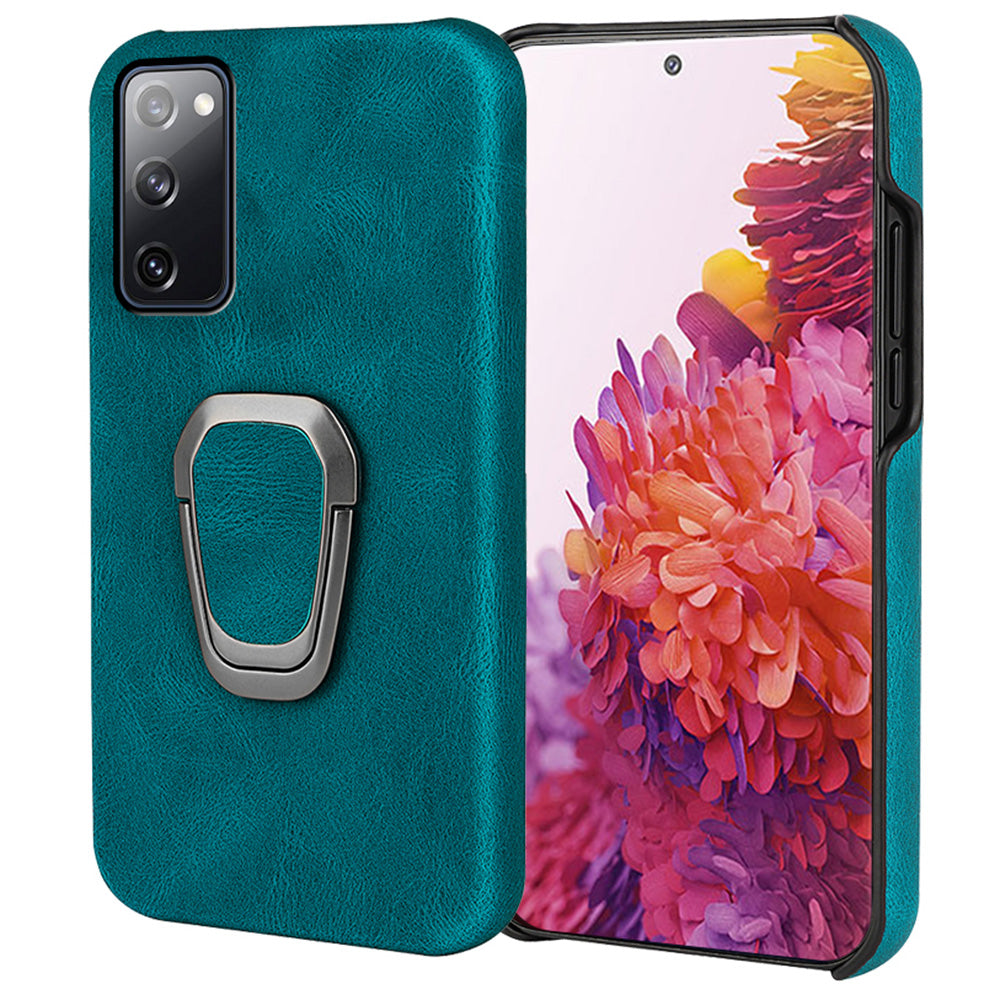 Ring Holder Kickstand Anti-scratch PU Leather Coated PC Phone Cover Case for Samsung Galaxy S20 FE 2022/S20 FE/S20 FE 5G/S20 Fan Edition 5G/S20 Fan Edition 4G/S20 Lite - Cyan