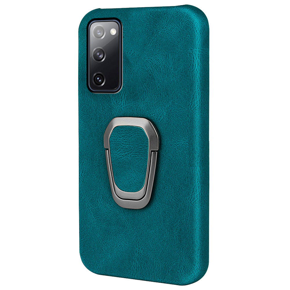 Ring Holder Kickstand Anti-scratch PU Leather Coated PC Phone Cover Case for Samsung Galaxy S20 FE 2022/S20 FE/S20 FE 5G/S20 Fan Edition 5G/S20 Fan Edition 4G/S20 Lite - Cyan