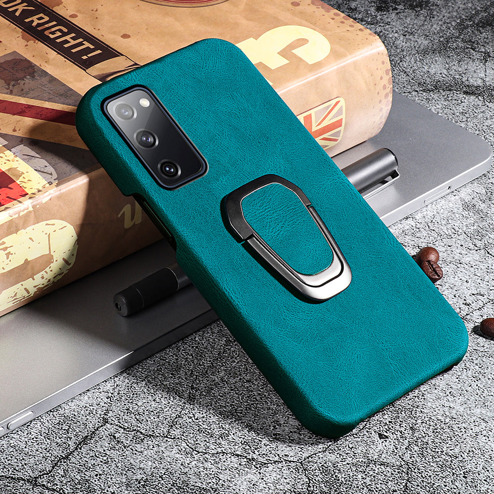 Ring Holder Kickstand Anti-scratch PU Leather Coated PC Phone Cover Case for Samsung Galaxy S20 FE 2022/S20 FE/S20 FE 5G/S20 Fan Edition 5G/S20 Fan Edition 4G/S20 Lite - Cyan