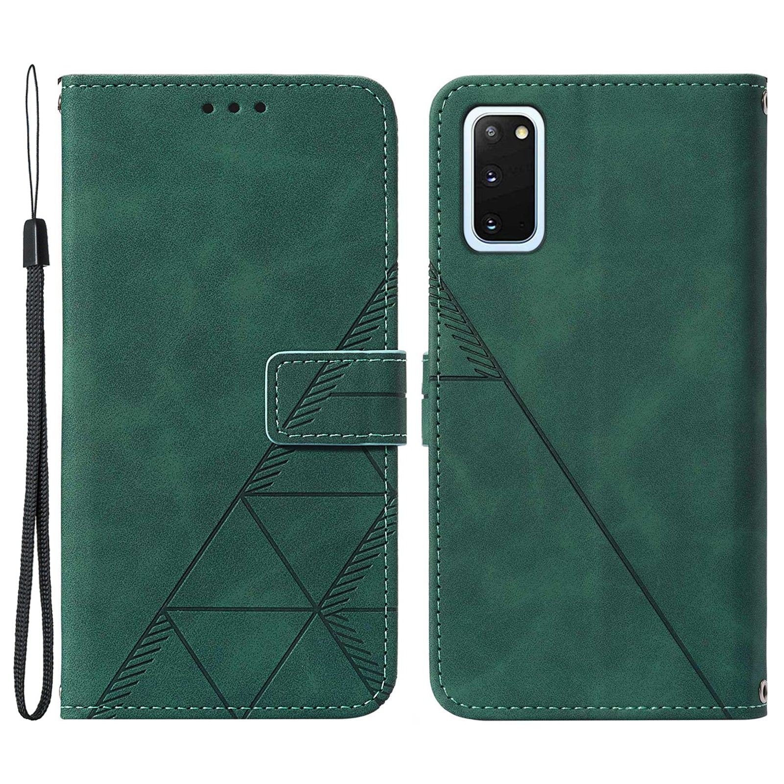 PU Leather Imprinting Lines Wallet Case Stand Feature Shockproof TPU Shell with Strap for Samsung Galaxy S20 4G/S20 5G - Blackish Green