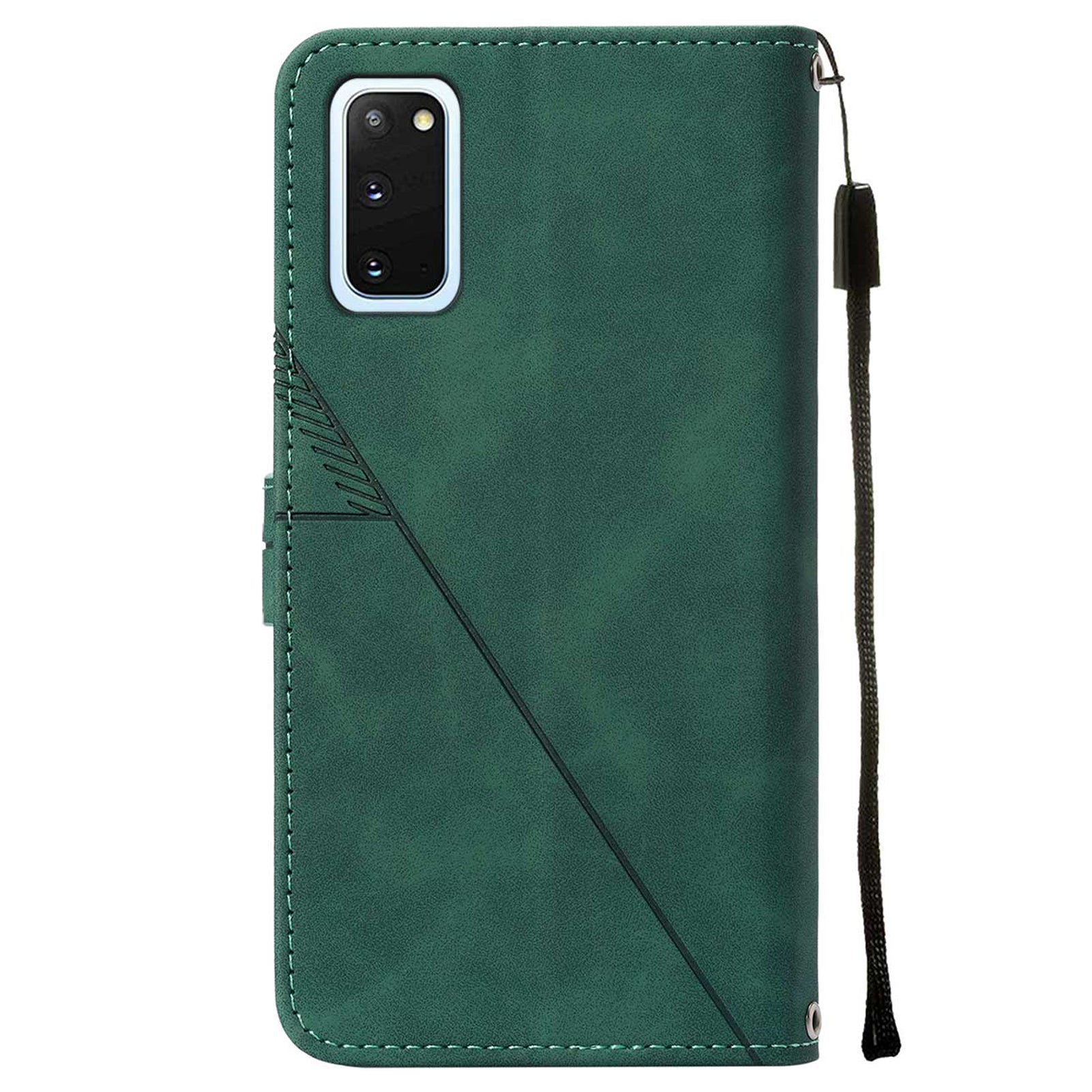 PU Leather Imprinting Lines Wallet Case Stand Feature Shockproof TPU Shell with Strap for Samsung Galaxy S20 4G/S20 5G - Blackish Green