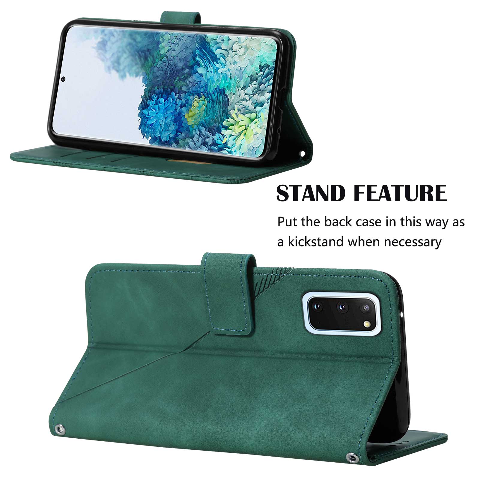 PU Leather Imprinting Lines Wallet Case Stand Feature Shockproof TPU Shell with Strap for Samsung Galaxy S20 4G/S20 5G - Blackish Green